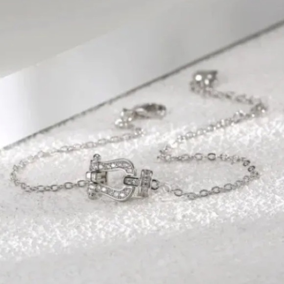 Sterling Silver Horseshoe Zircon Bracelet Chain Link Snaffle Stirrup D Ring - Picture 2 of 7